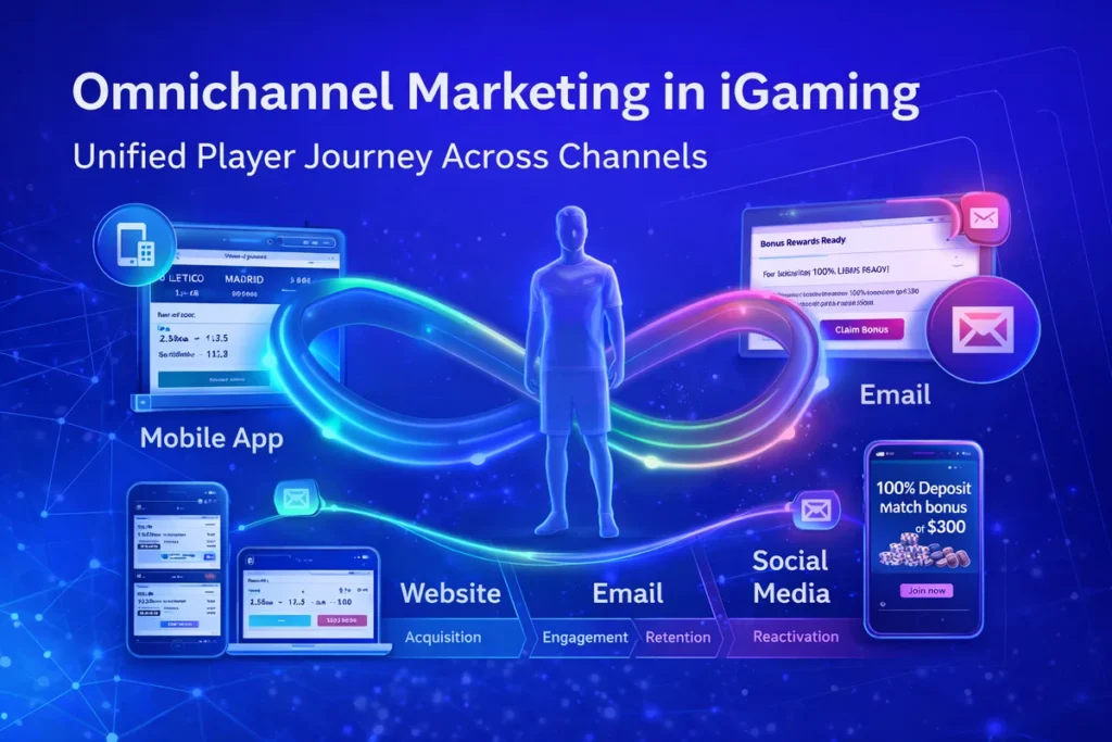 Omnichannel marketing in iGaming showing a unified player journey across email, SMS, push, and in-app messaging